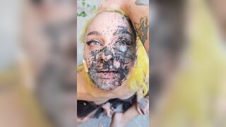 Girl getting spit on her disgusting face, dirty like a pig.