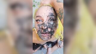 Girl getting spit on her disgusting face, dirty like a pig.