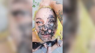 Girl getting spit on her disgusting face, dirty like a pig.