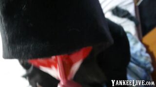 Redhead teen vampire cosplayer gets a surprise in her throat.